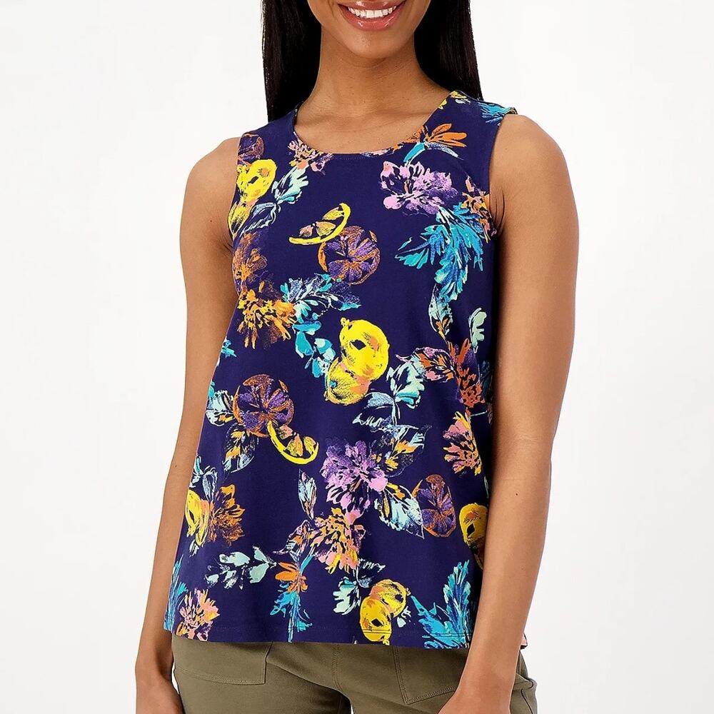 Denim & Co Floral Lemon Top Womens Large Favorite Jersey Swing Tank Citrus